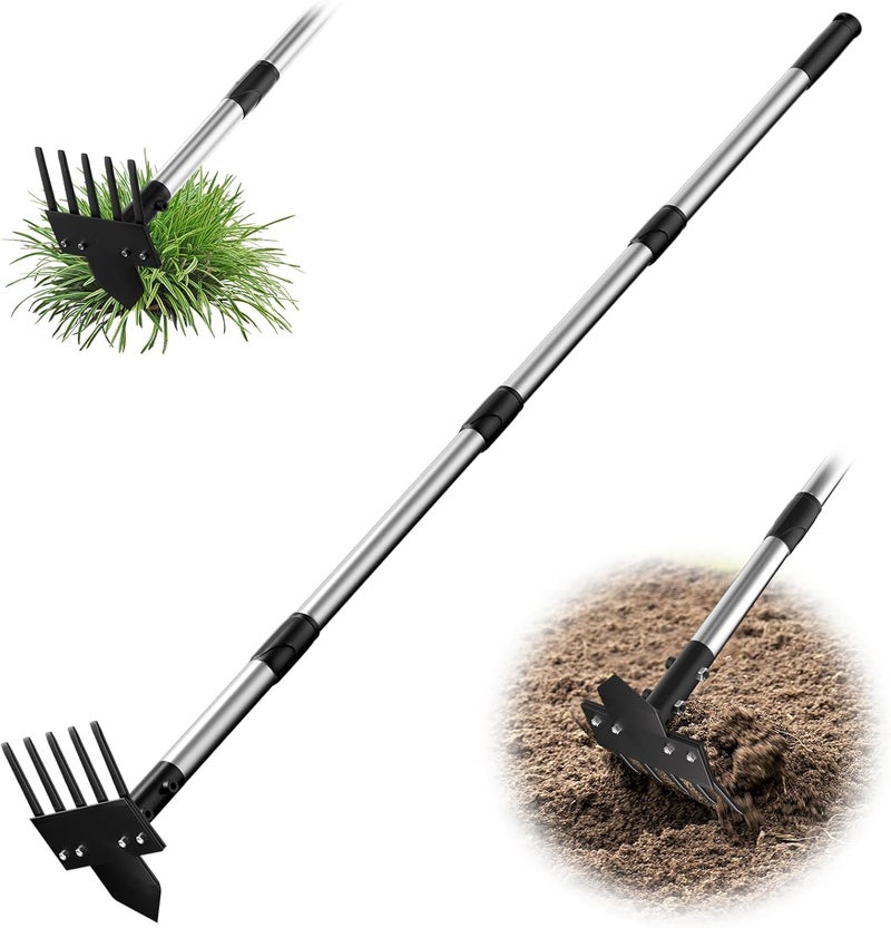 Ukiupop 2-in-1 Heavy-Duty Weed Puller Tool with 5-Tine Rake – 30" to 60" Adjustable Handle, Hoes for Gardening, Hoe Garden Tools for Loosening Soil, Planting, Weeding - Image 1